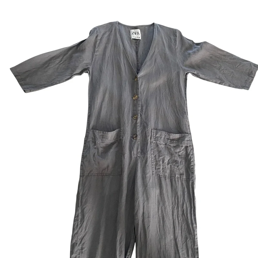 Zara Lilllian Jumpsuit Womens S Gray Linen Blend Button Front Utility Jumpsuit‎